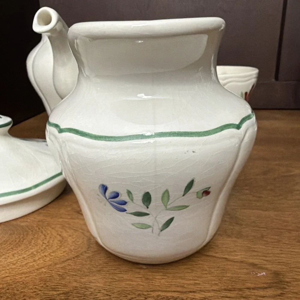 Longchamp Teapot Suger & Creamer French Faience Hand Painted Floral VTG